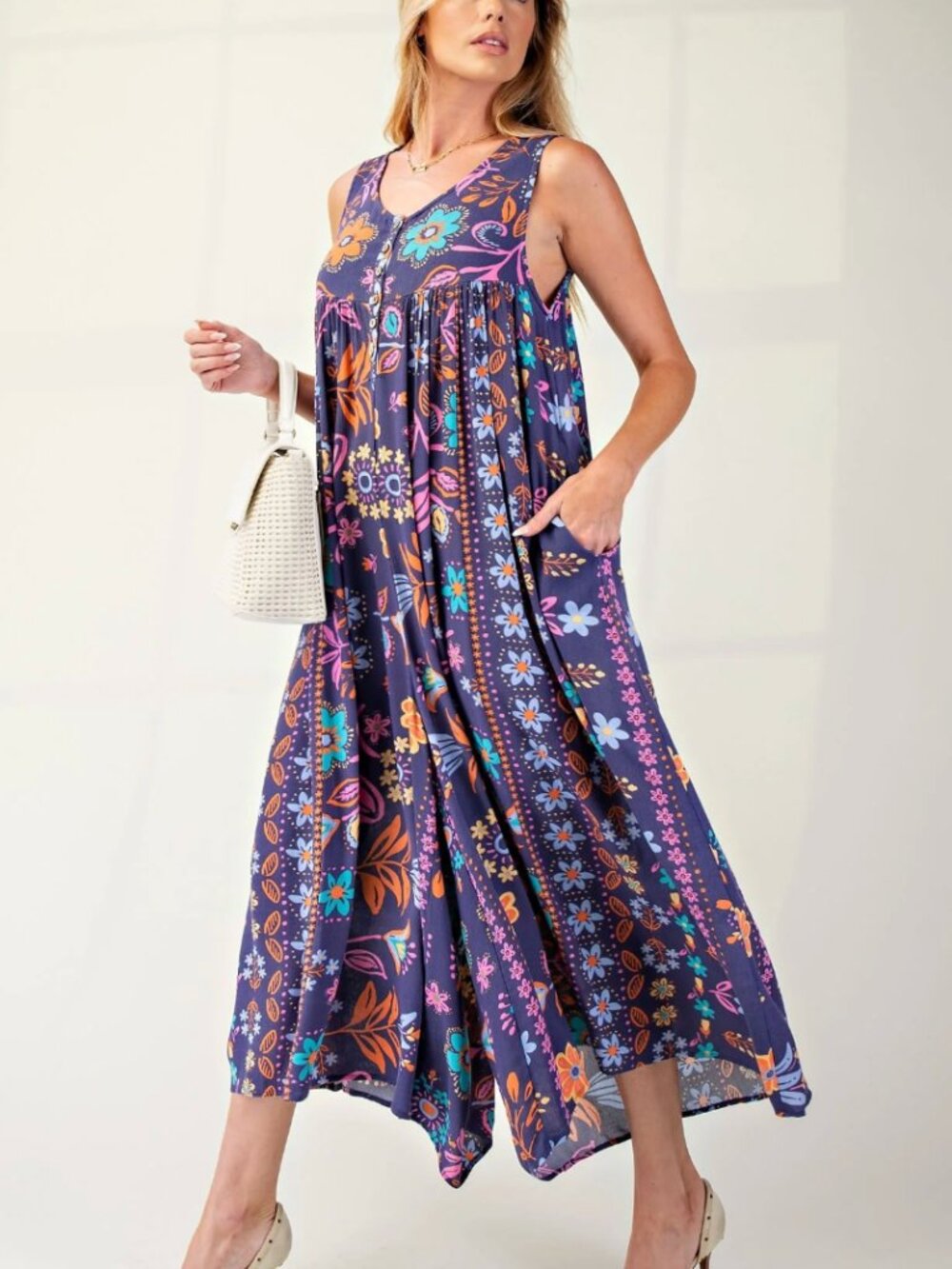 easel Purple Floral Wide Leg Cropped Jumpsuit, size Medium, NWT